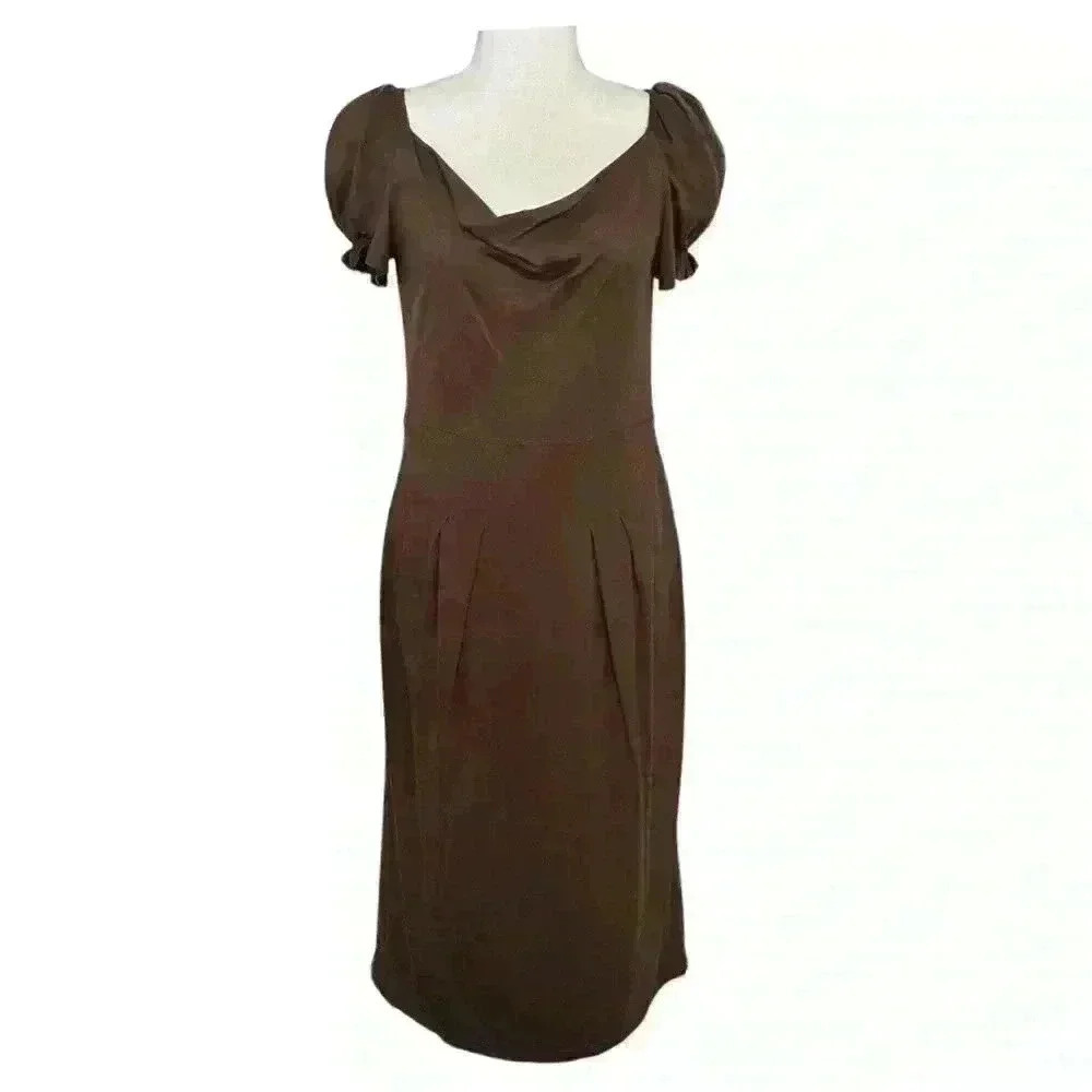 Peruvian Connection Brown Draped Neck Short Sleeve Midi Pima Cotton Dress  S